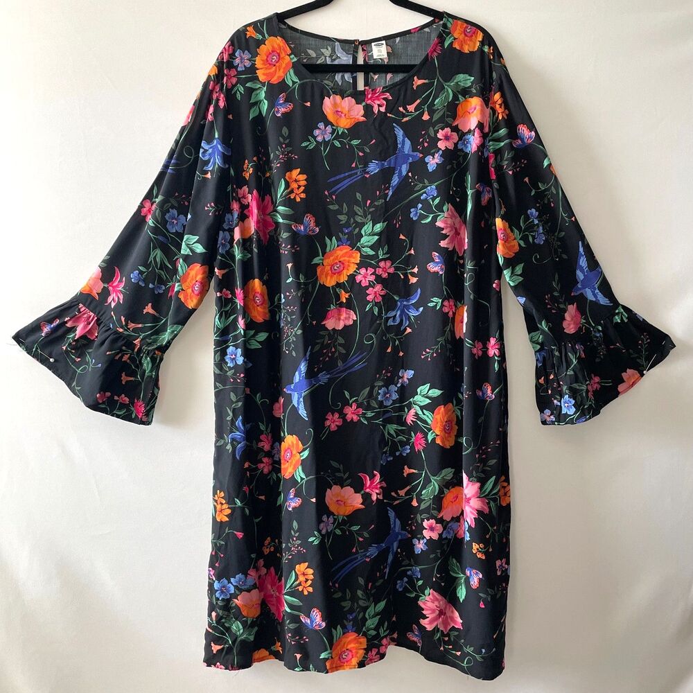 Old Navy Shift Dress XXL Black Floral Bird Print Bell Sleeve Knee Length